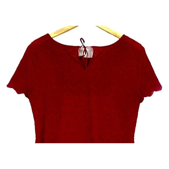 Ann Taylor LOFT Embroidered Short Sleeve Sheer Lace Top Tie Back M Red #2554 - Picture 2 of 12